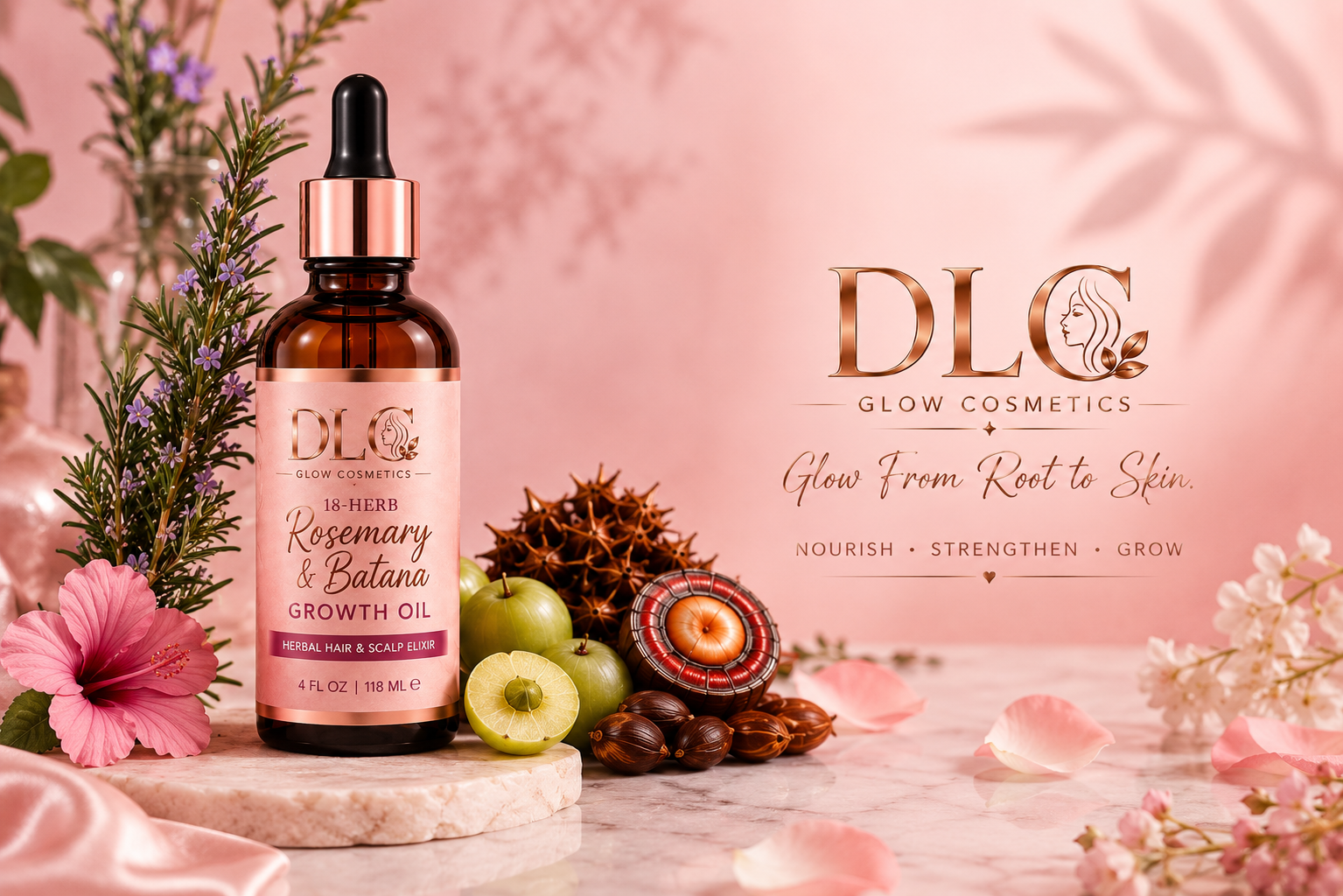 Bottle of DLC Glow Cosmetics growth oil with decorative elements on a pink background